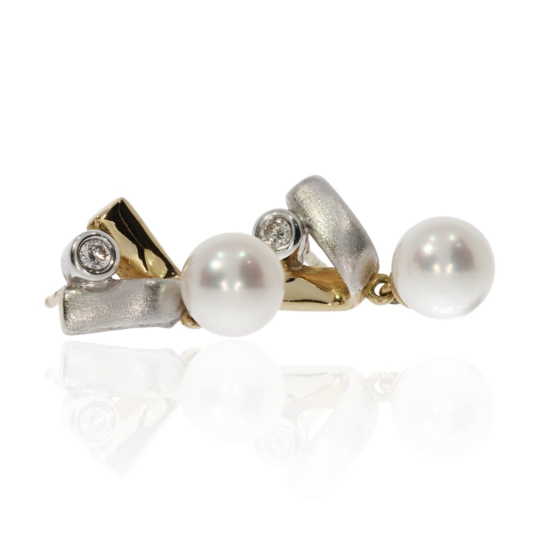 Elegant Brilliant Cut Natural Diamond, Akoya Cultured Pearl And Gold Earrings