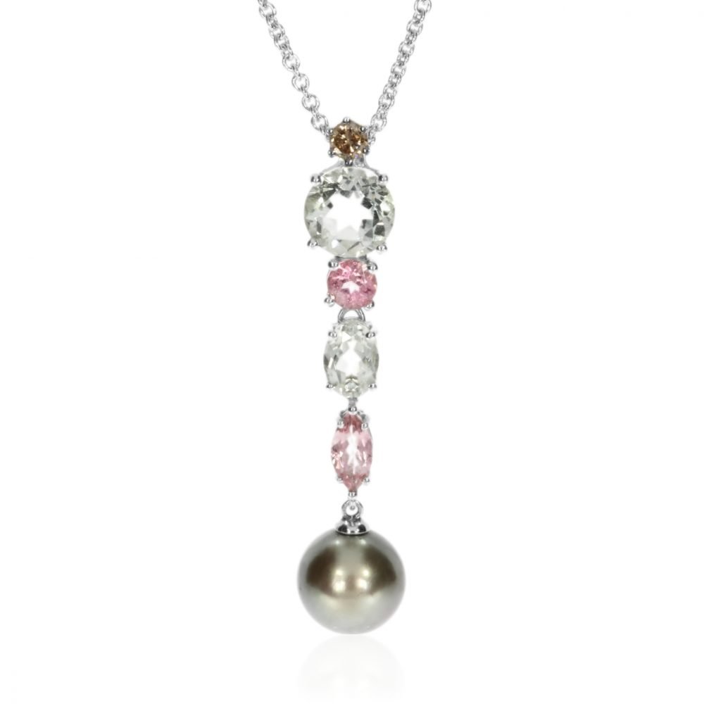 Heidi Kjeldsen Bespoke Multi-gemstone Cinnamon Diamond & Tahitian Pearl 18ct White Gold Pendant P433 front