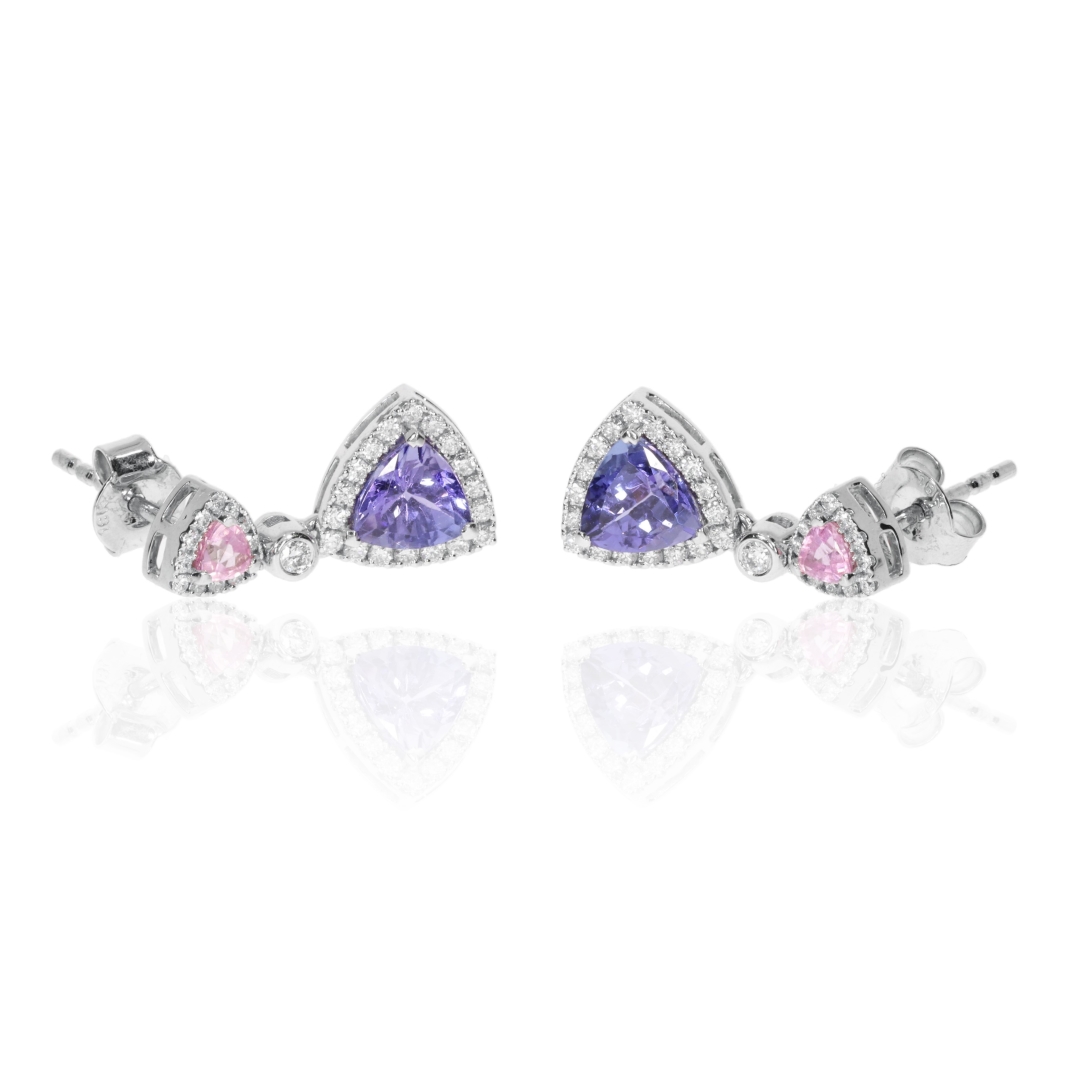 Tanzanite Trillions, Pink Sapphire and Diamond drop earrings by Heidi Kjeldsen Jewellers ER2382 flat