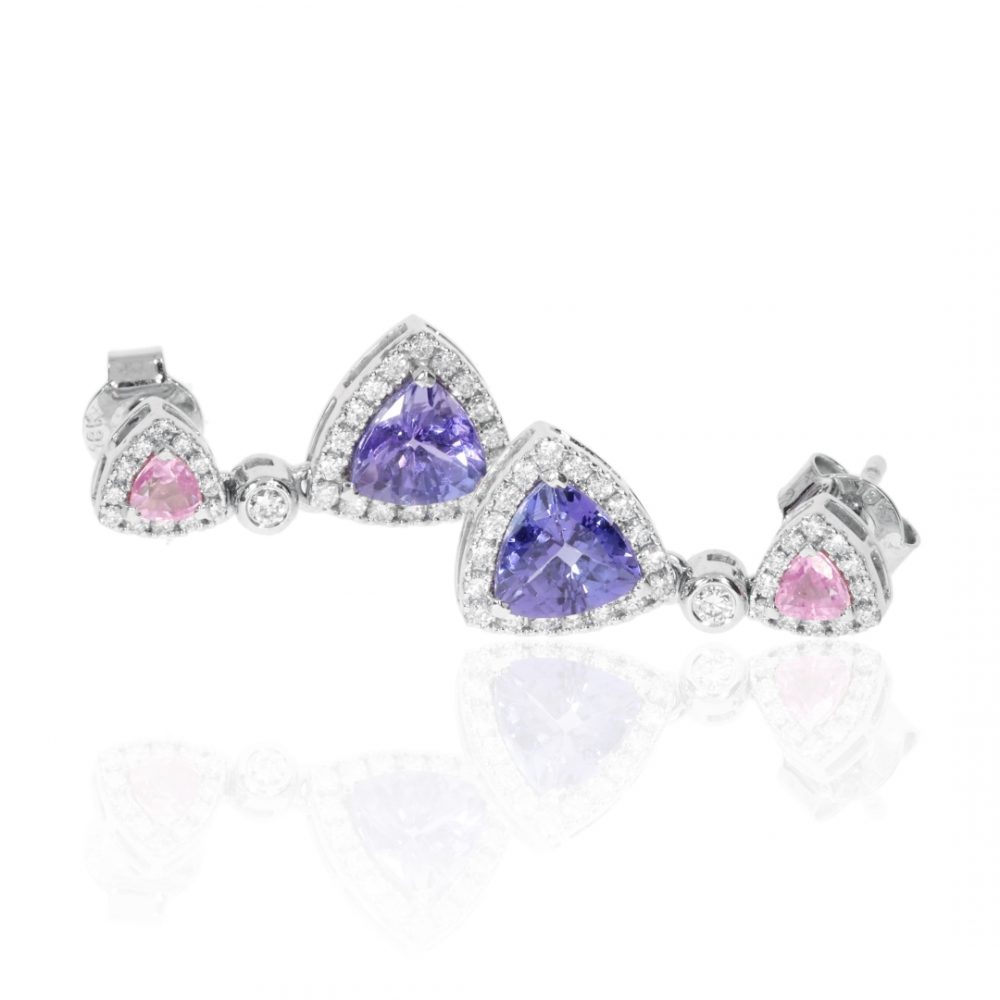 Tanzanite Trillions, Pink Sapphire and Diamond drop earrings by Heidi Kjeldsen Jewellers ER2382 side