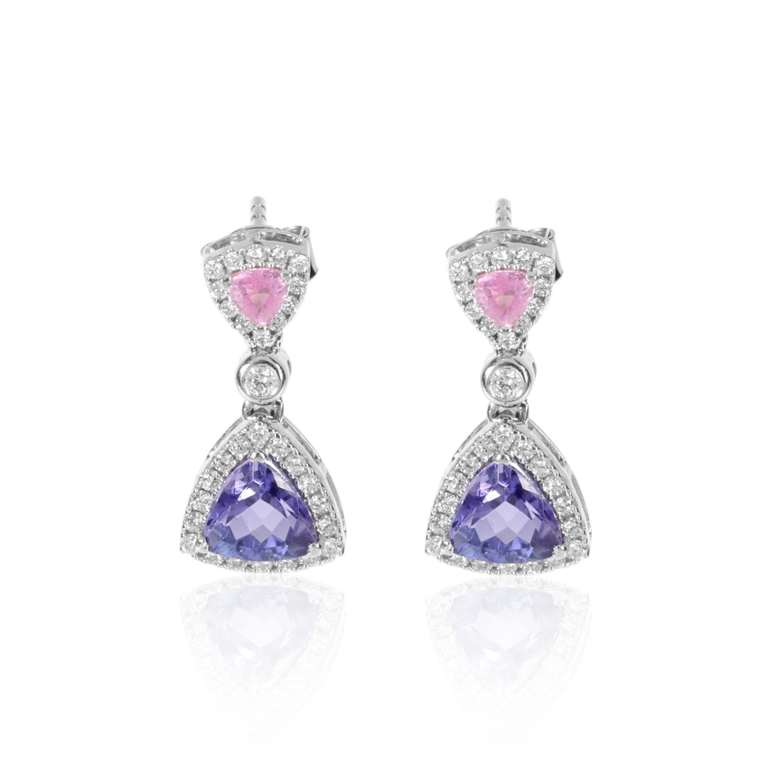 Tanzanite Trillions, Pink Sapphire and Diamond drop earrings by Heidi Kjeldsen Jewellers ER2382 Front View