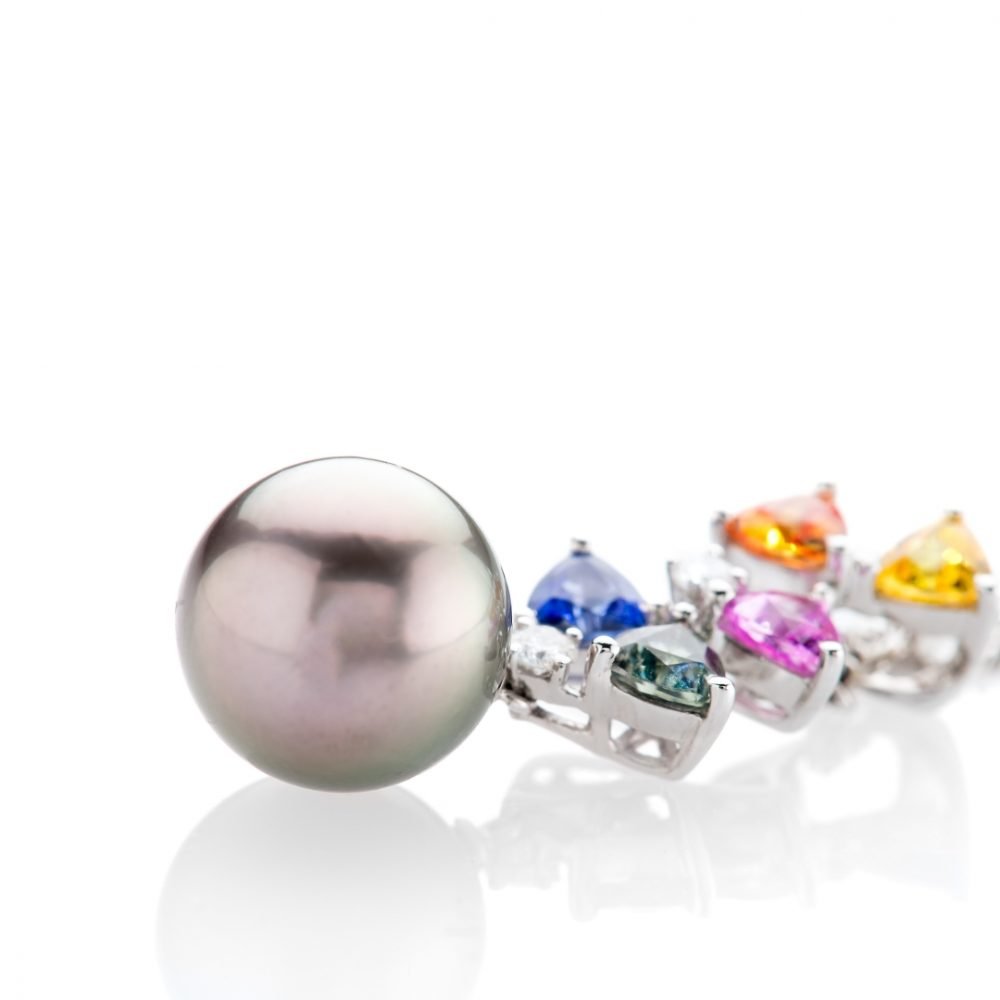 Multi-Coloured Sapphires, Diamond and Tahitian Pearl Pendant By Heidi Kjeldsen Jewellery P1026 Side