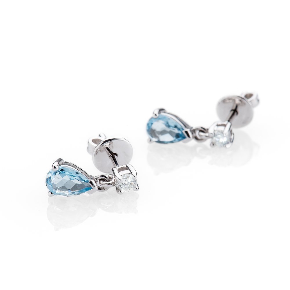 Delightful Azure Blue Natural Aquamarine, Brilliant Cut Diamond And Gold Earrings