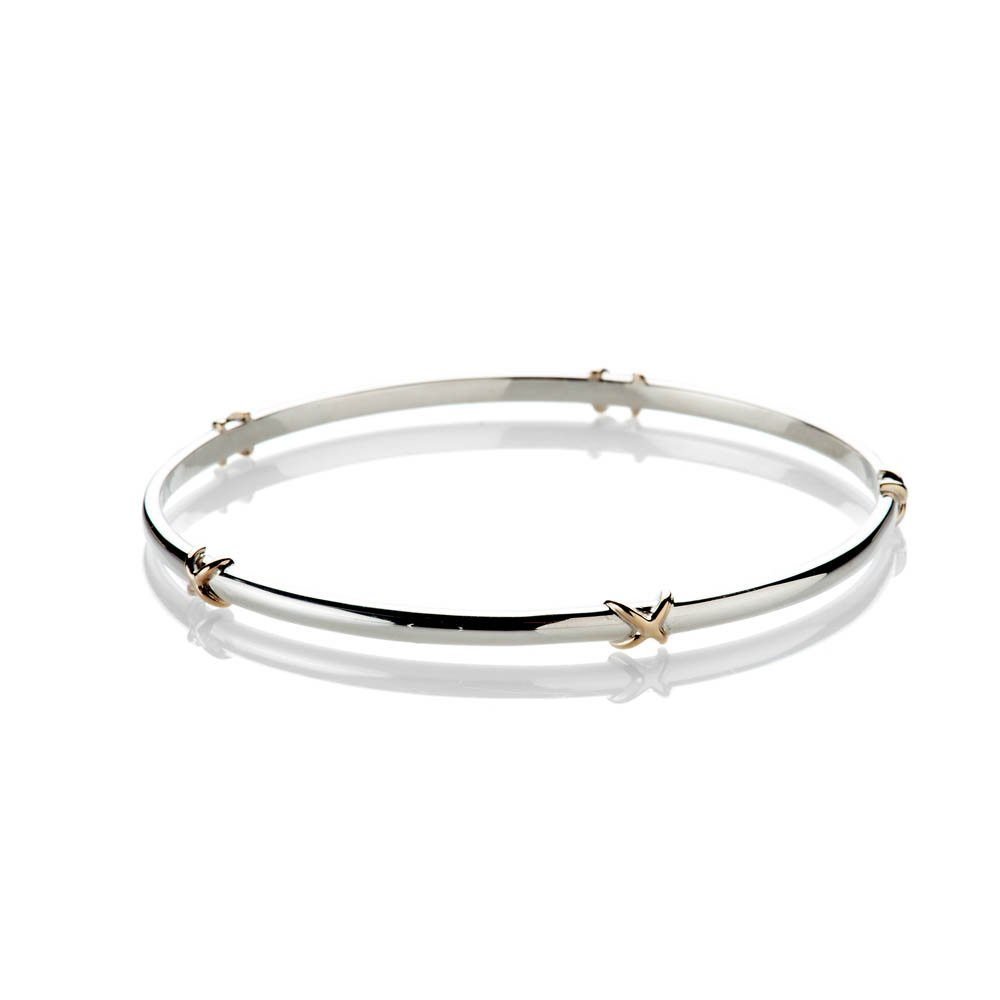 Sophisticated Handmade Solid Sterling Silver Bangle With Gold Kisses