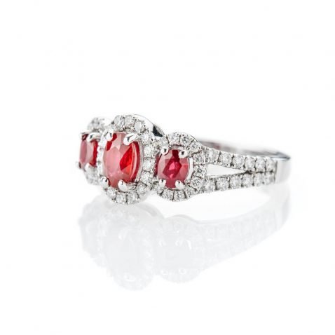 Heidi Kjeldsen Sumptuous Deep Red Natural Ruby Brillant Cut Diamond And Gold Triple Cluster Engagement Or Dress Ring - R1202-1