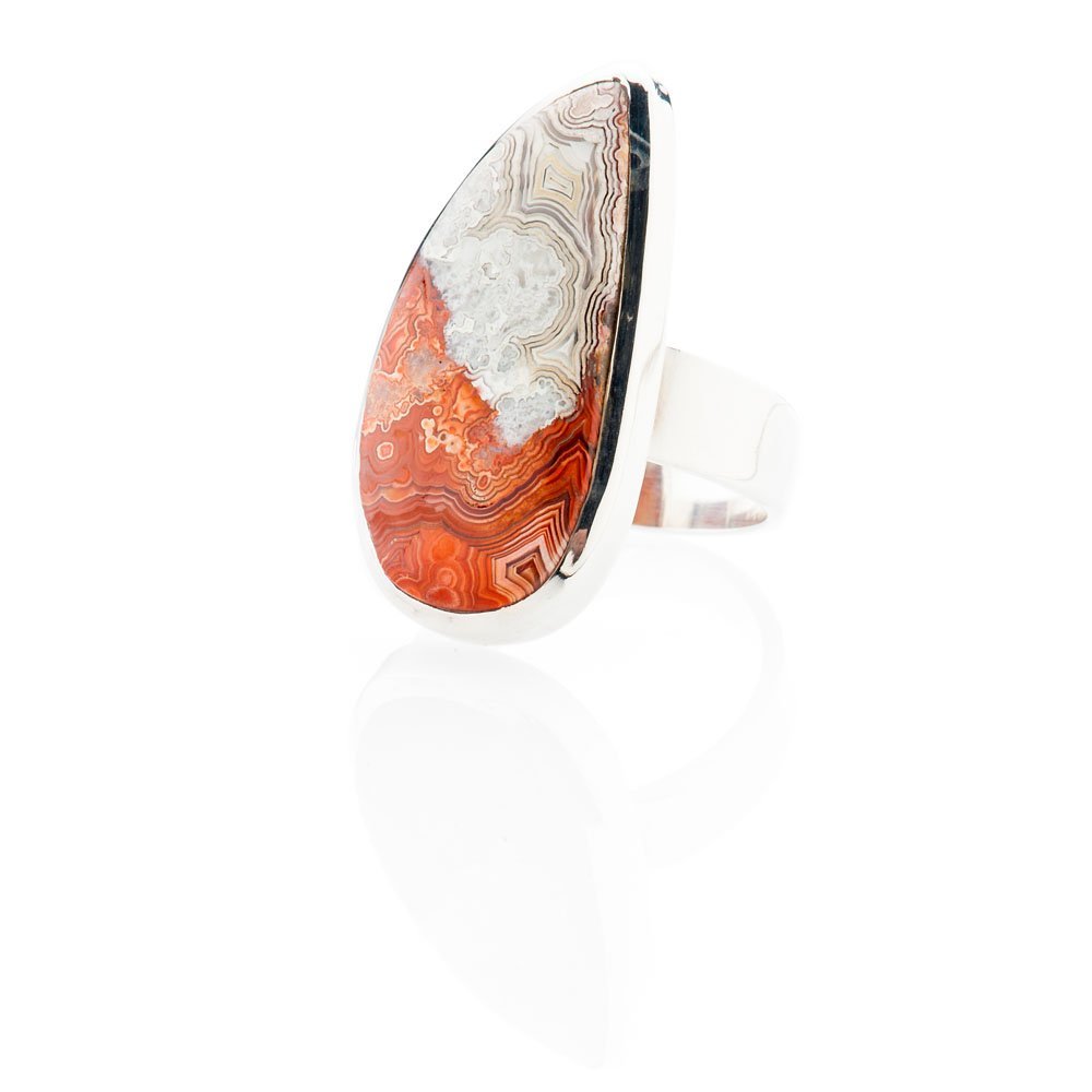 Elegant Mexican Crazy Lace Agate And Sterling Silver Drop Shaped Ring