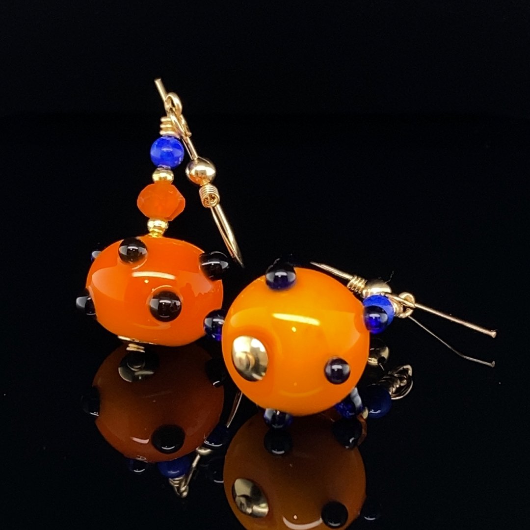 Murano Glass Orange and Cobalt Blue Earrings on black