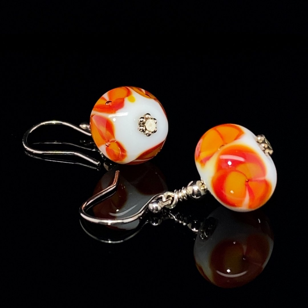 Orange Flower Murano Glass Earrings on black