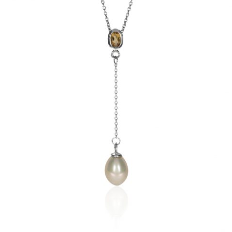 Citrine and Cultured Pearl Silver Drop Pendant Front View