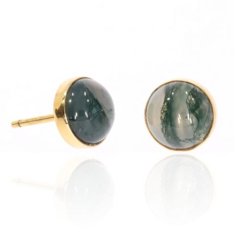 Moss Agate and Gold Cabochon Earrings Front