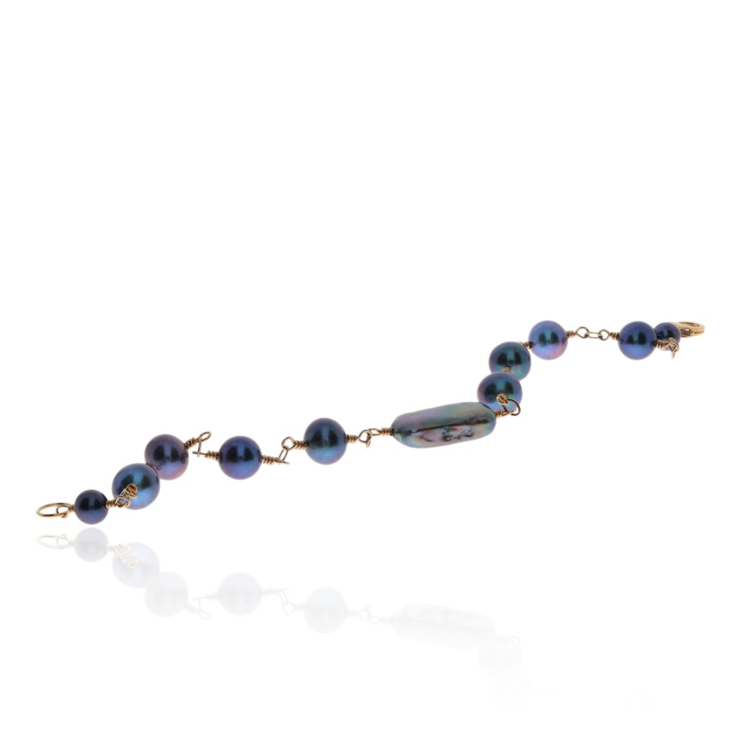 Blue Black Cultured Pearl Gold Filled Bracelet by Heidi Kjeldsen Jewellery BL1353 long
