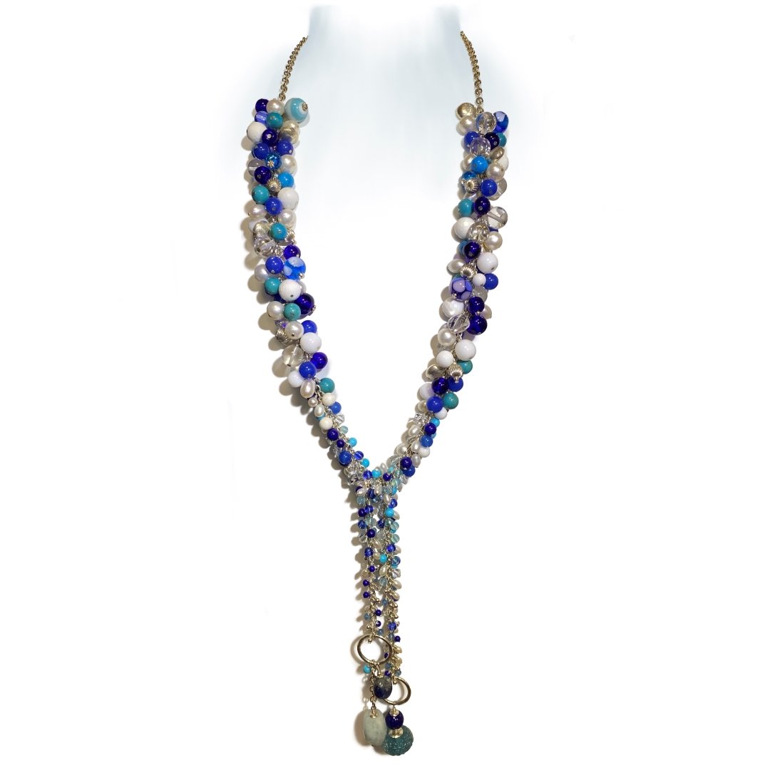Gorgeous Blue Murano Glass, Lapis Lazuli, Turquoise and Cultured Pearl Sterling Silver Lariat A