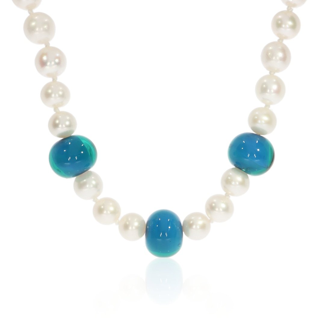 Blue Green Murano Glass and Cultured Pearl Necklace by Heidi Kjeldsen Jewellers NL1219 Front