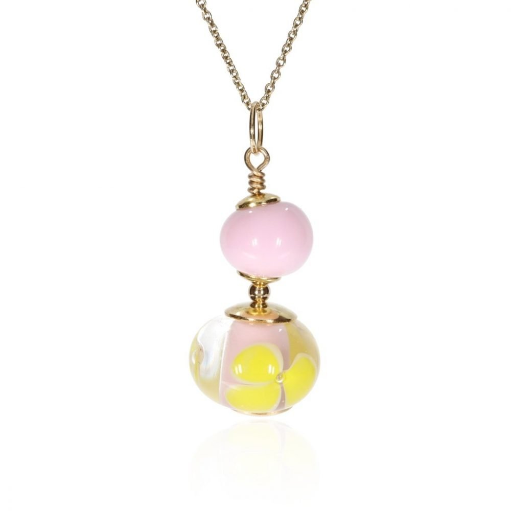Pink and Yellow Murano Glass Floral Pendant By Heidi Kjeldsen jewellery P1398 hanging