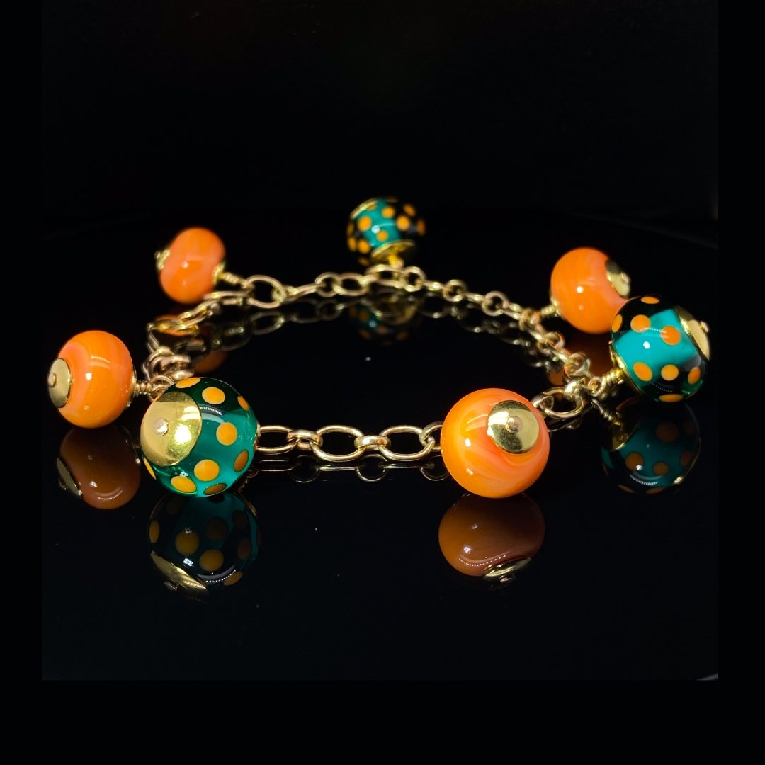 Gorgeous teal and orange Murano Glass Bracelet by Heidi Kjeldsen Jewellery BL1367 on black
