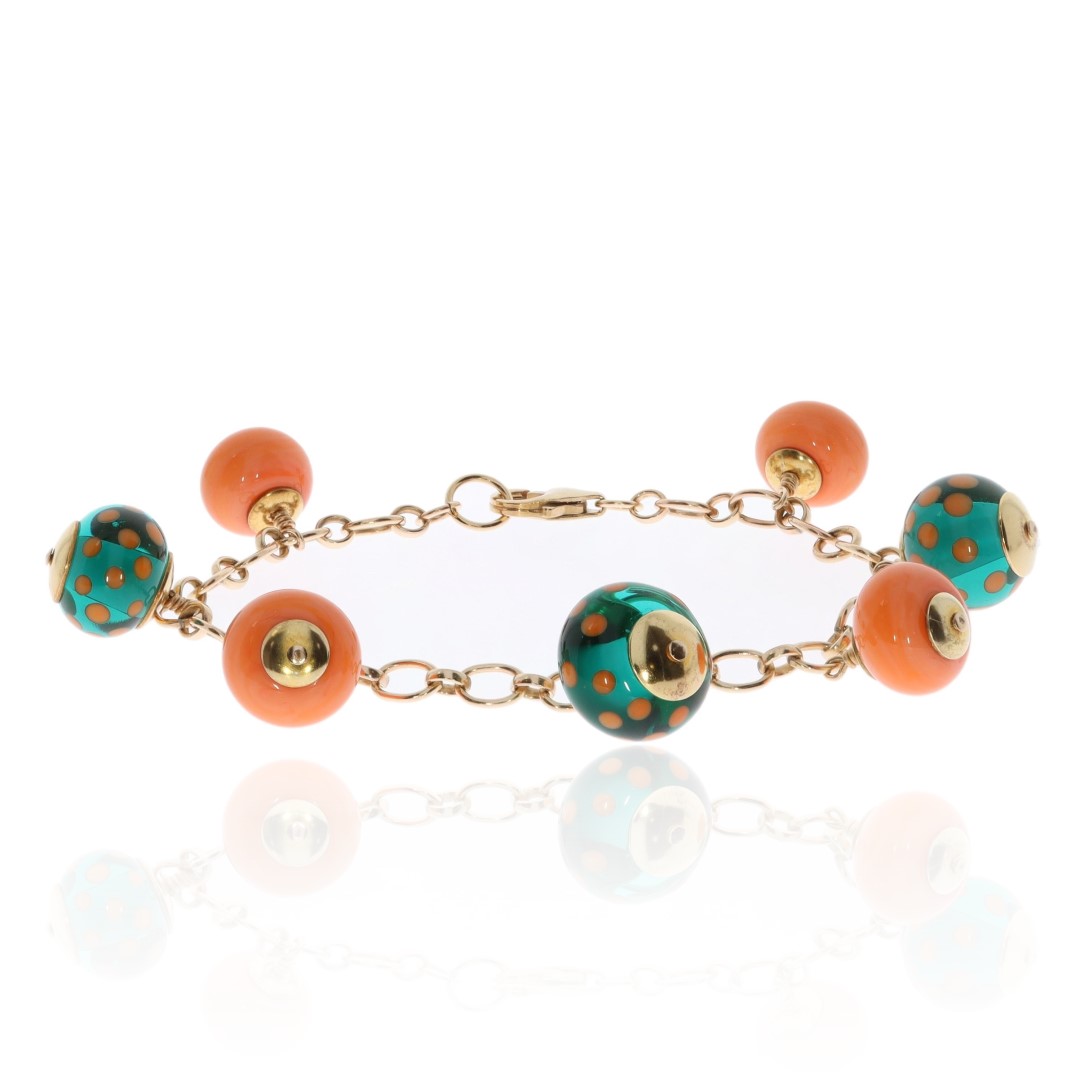 Orange and Teal Dotty Murano Glass Bracelet By Heidi Kjeldsen jeweller BL1367 flat