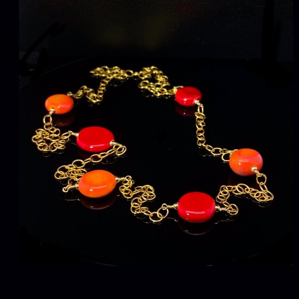 Pretty Red and Orange Murano Glass Necklace BY Heidi Kjeldsen Jewellery NL1265 on black
