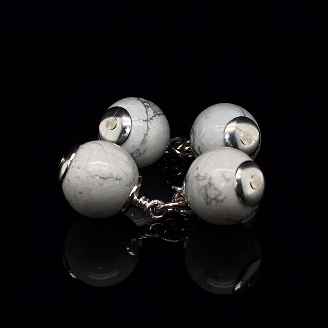 Attractive White Howlite and Sterling Silver Cufflinks CL293 on black view by Heidi Kjeldsen Jewellery