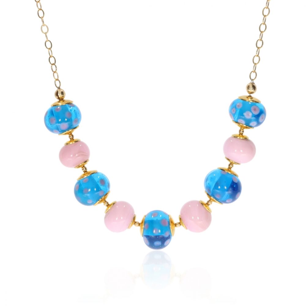 Stylish Pink And Blue Murano Glass Necklace By Heidi Kjeldsen Jewellery NL1274 Front View