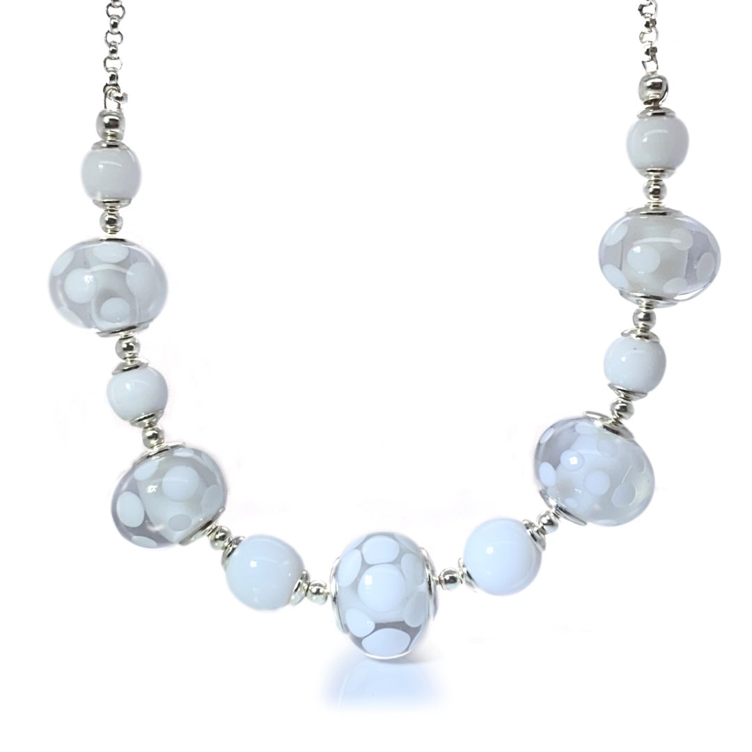 Elegant White Glass and Silver Necklace by Heidi