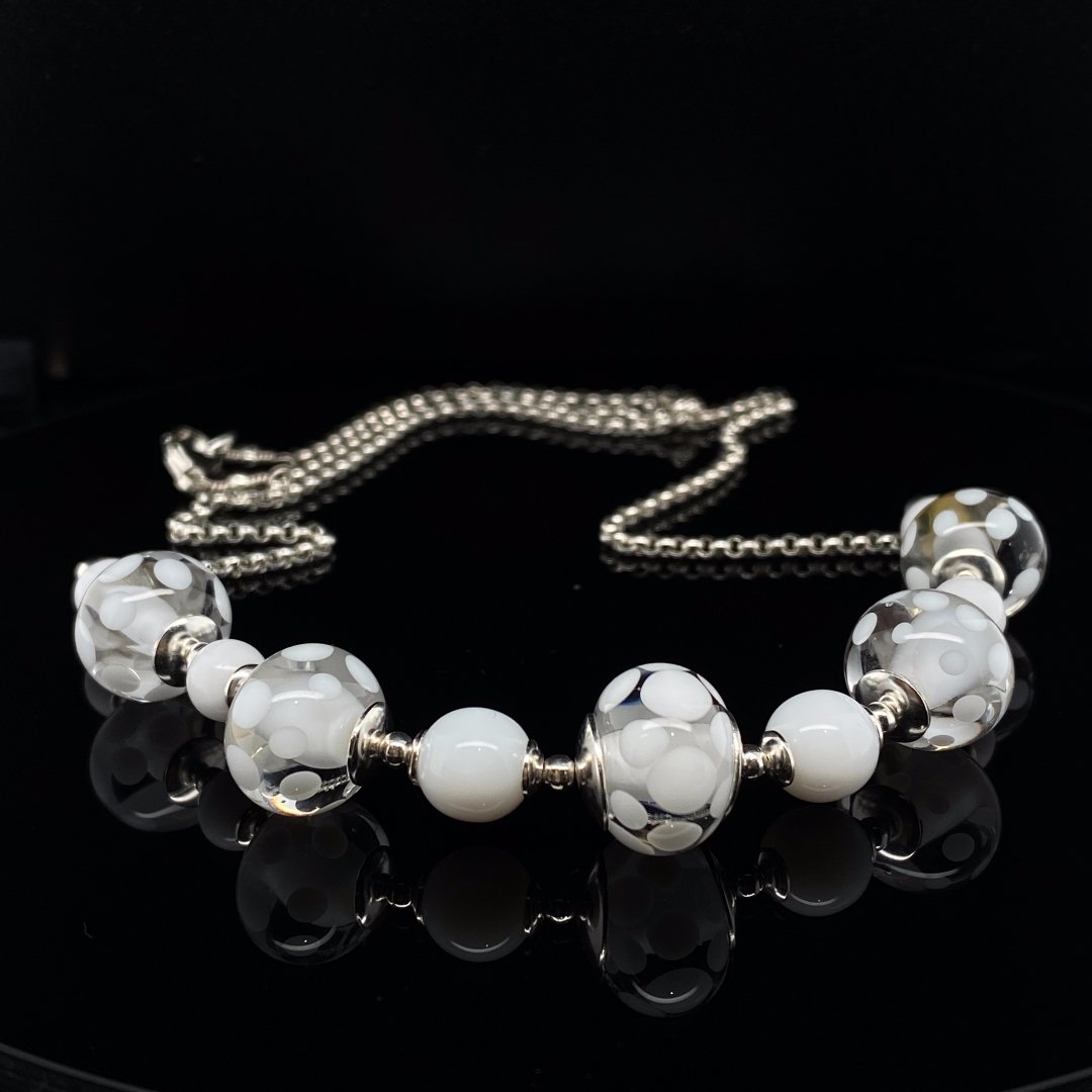 White Spotty Murano Glass necklace By Heidi Kjeldsen Jewellery NL1271 on black