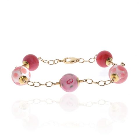 adorable pink floral murano glass bracelet by Heidi Kjeldsen Jewellery BL1369 flat