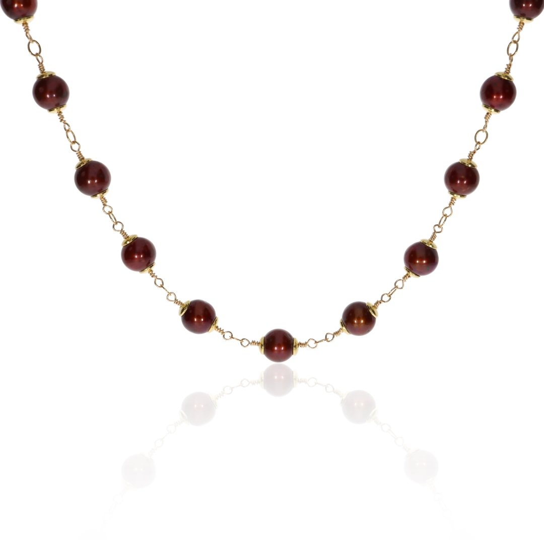 Cranberry Coloured Pearl necklace by Heidi Kjeldsen Jewellery NL1292 Hanging view