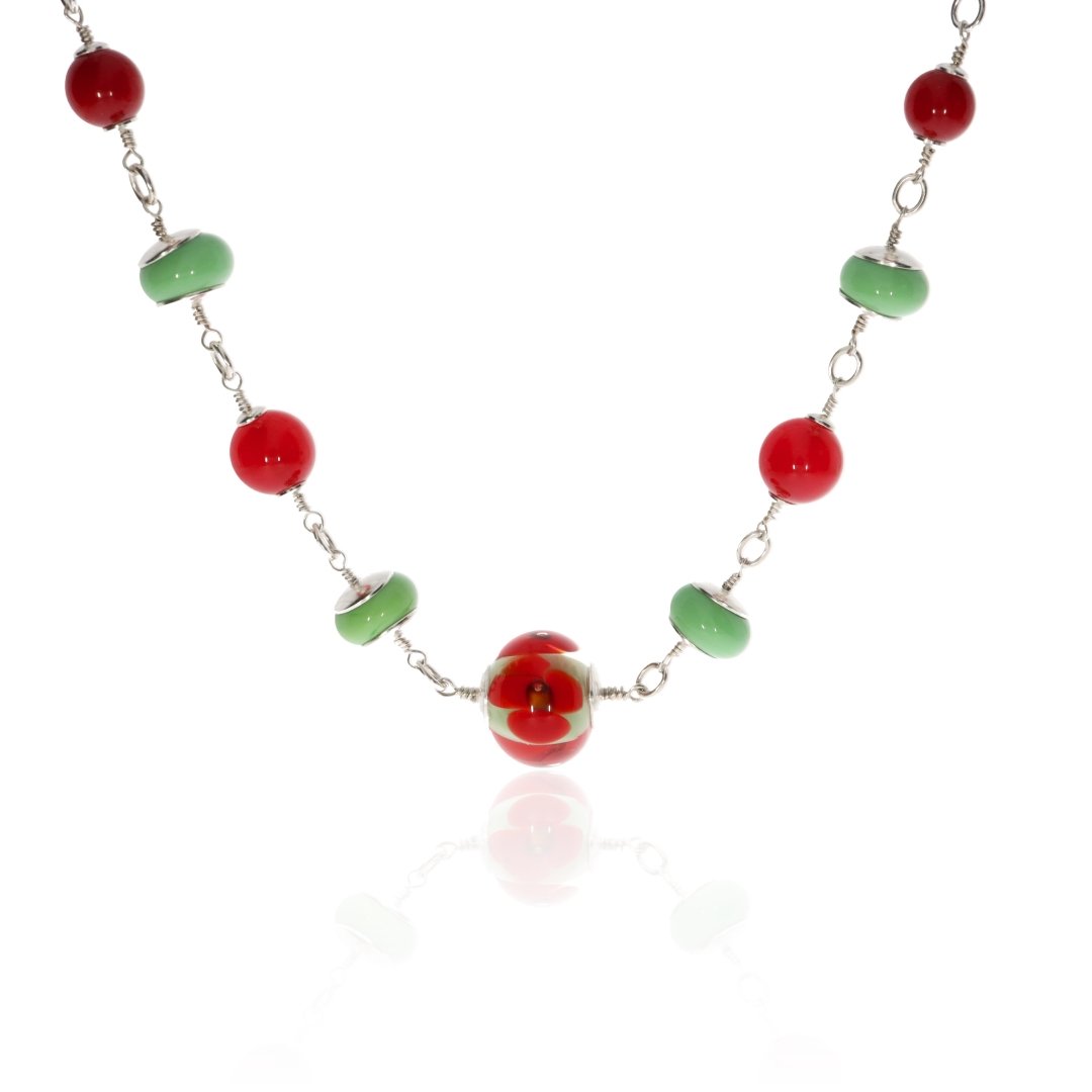Red Agate and Murano Glass and Sterling Silver Necklace by Heidi Kjeldsen Jewellery NL1290 Hanging View