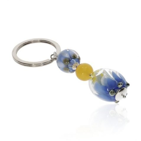 Unusual Silver Blue and Yellow Floral Murano Glass Keyring By Heidi Kjeldsen Jewellery KR0028