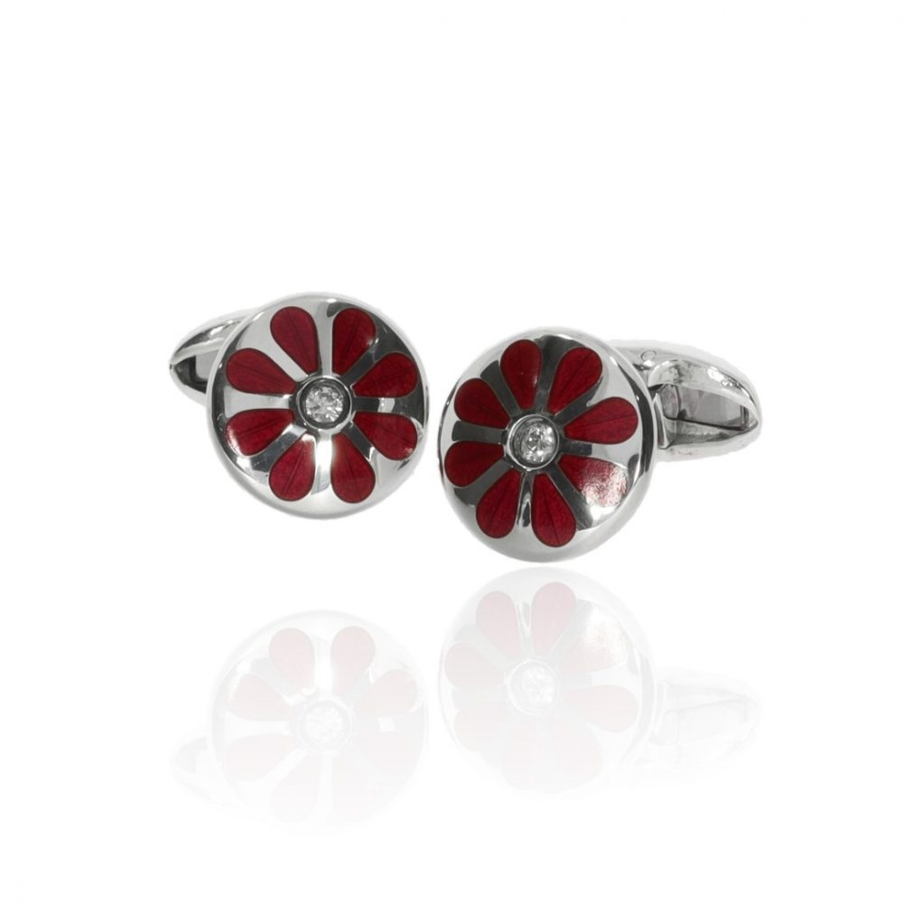 Diamond and cerise floral cufflinks by Heidi Kjeldsen jewellery side view CL0230