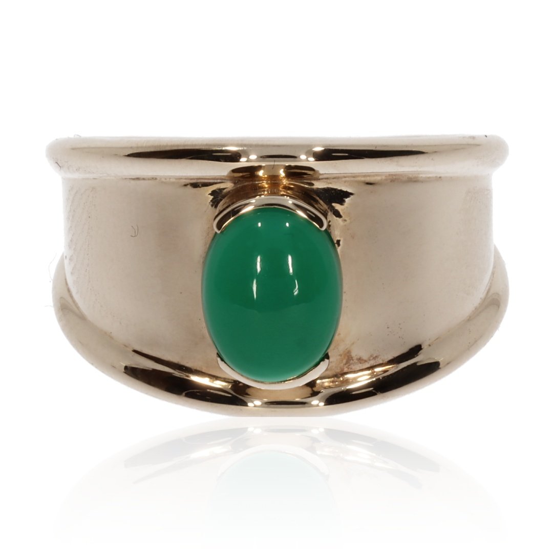 Green Agate (enhanced) and Gold Dress Ring by Heidi Kjeldsen Jewellers front view