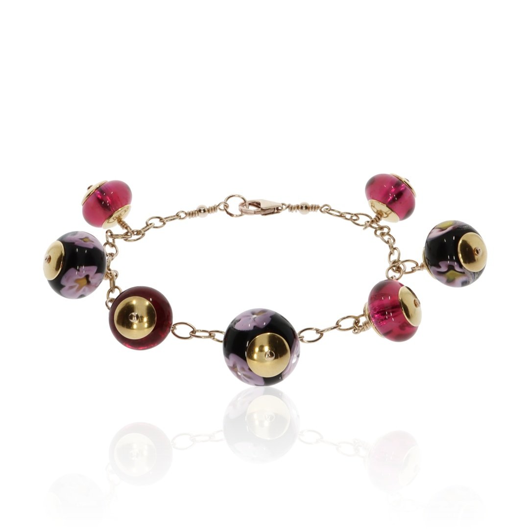 Cerise Pink Floral Murano Glass Bracelet By Heidi Kjeldsen Jewellery BL1390 Flat