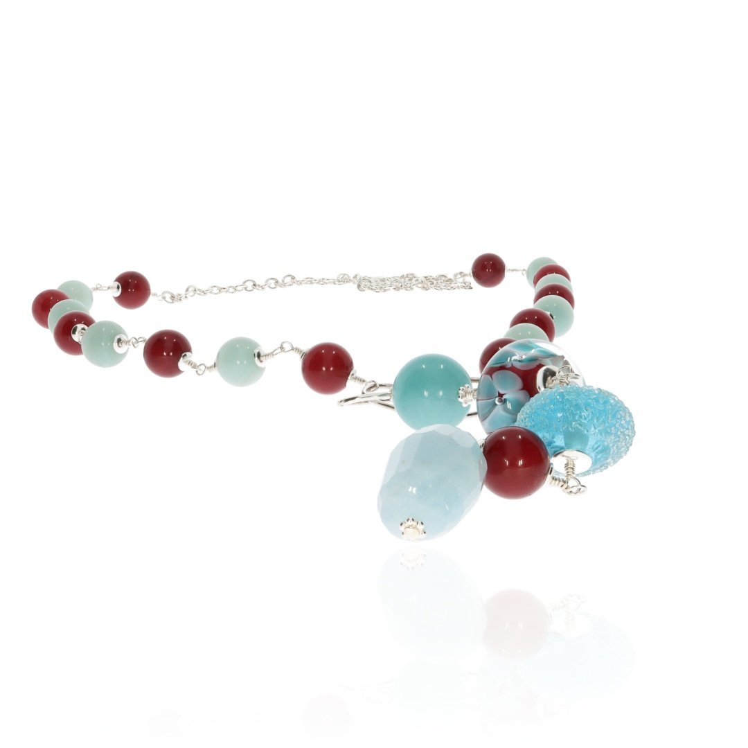 Aquamarine, Amazonite, Red Agate and Murano Glass Necklace By Heidi Kjeldsen Jewellery NL1307 Flat