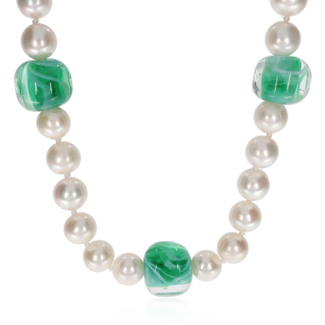 Striking Green Glass and Cultured Pearl Necklace