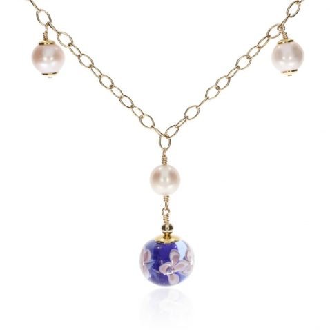Cultured Pearl and Blue Floral Murano Glass Necklace By Heidi Kjeldsen Jewellery NL1308 front