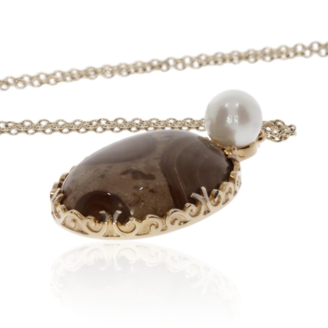 Ocean Jasper Cultured Pearl and Gold Pendant by Heidi Kjeldsen Jewellers P1291 Side