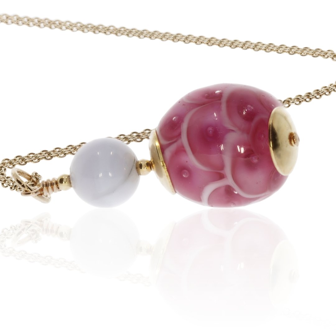 Pink Murano Glass and Cultured Pearl pendant by Heidi Kjeldsen Jewellery P1355 Flat