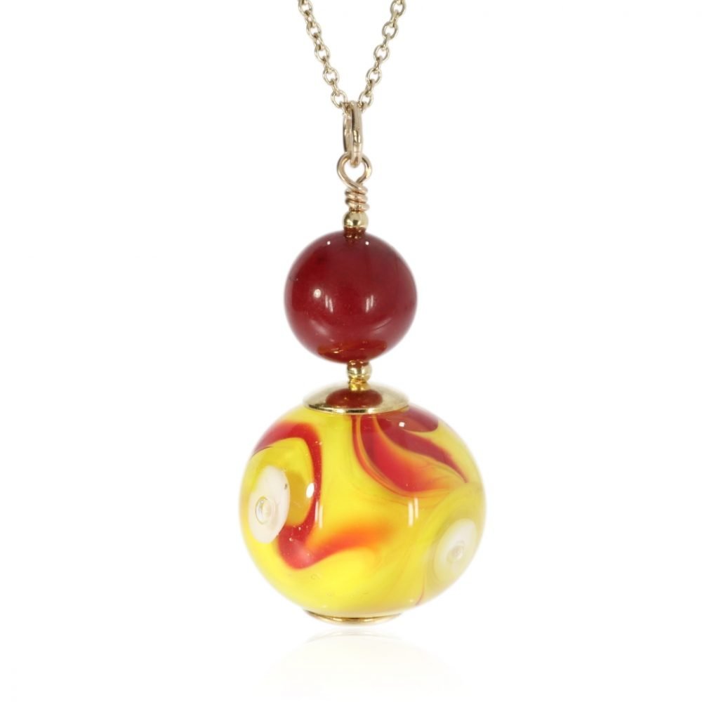 Red Agate and Yellow Red Swirl Murano Glass Pendant By Heidi Kjeldsen jewellers P1351 Front