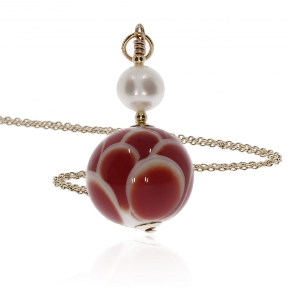 Red and White Murano Glass Cultured Pearl Pendant By Heidi Kjeldsen Jewellers P1354 Flat