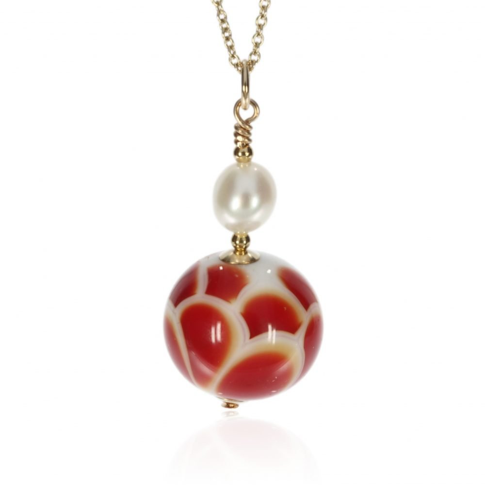 Red and White Murano Glass Cultured Pearl Pendant By Heidi Kjeldsen Jewellers P1354 Front