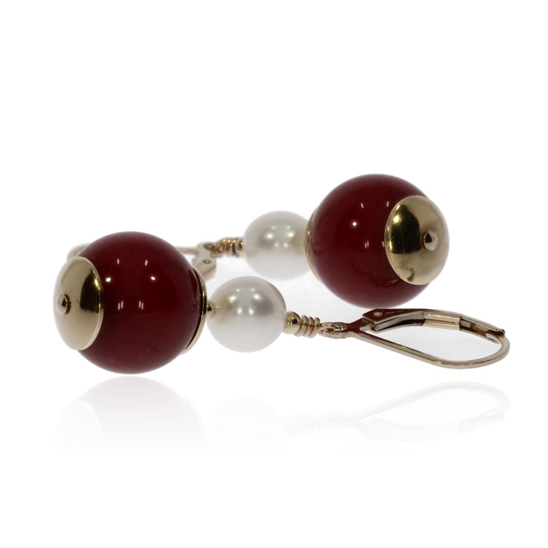 Striking Red Agate and Cultured Pearl Drop Earrings