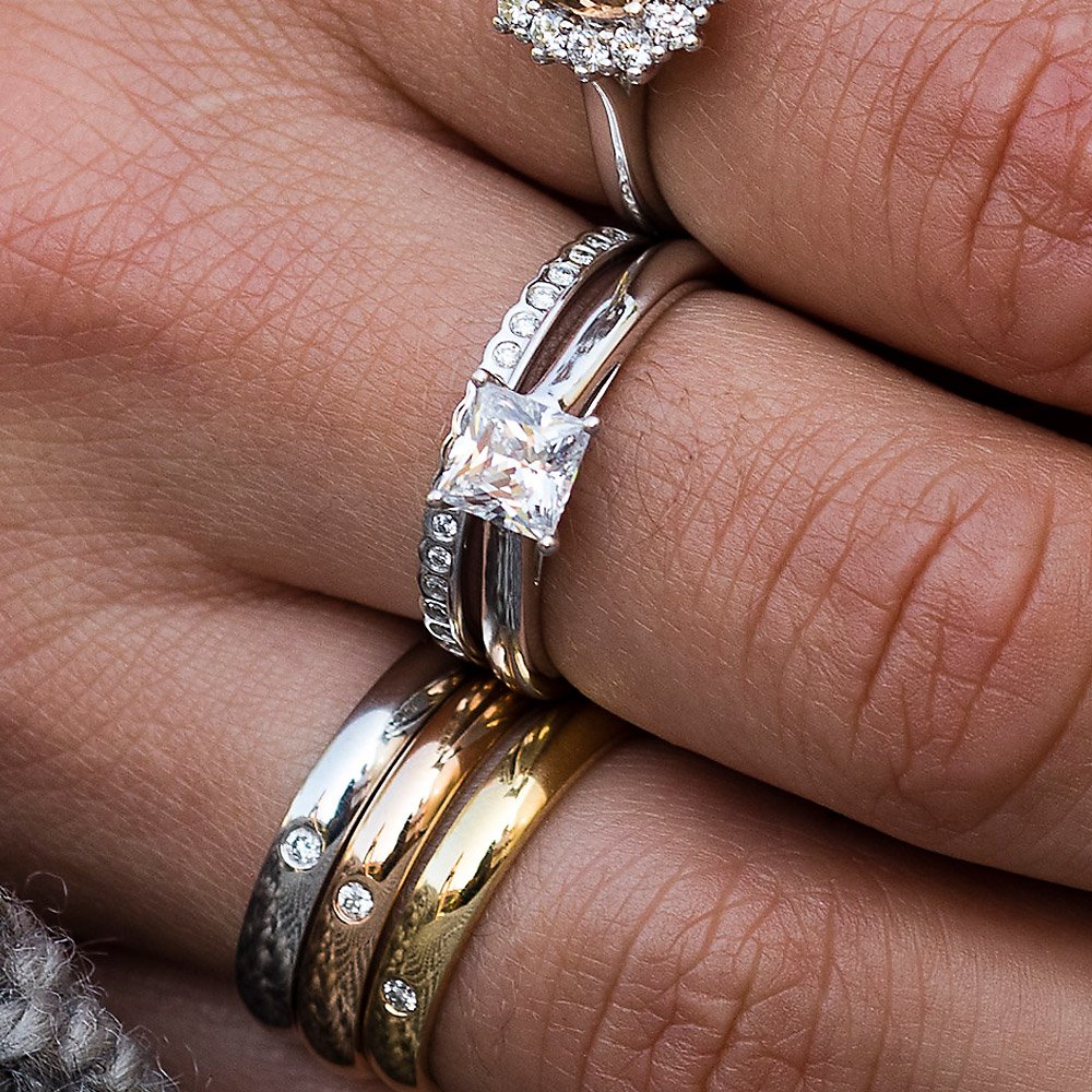 Stacking Rings By Heidi Kjeldsen Jewellery R1517, R1518, R1519 Princess Cut Diamond Ring R1323S and Diamond Wedding Ring R1502 and Bronze Sapphire Cluster Ring R1680 Model 2