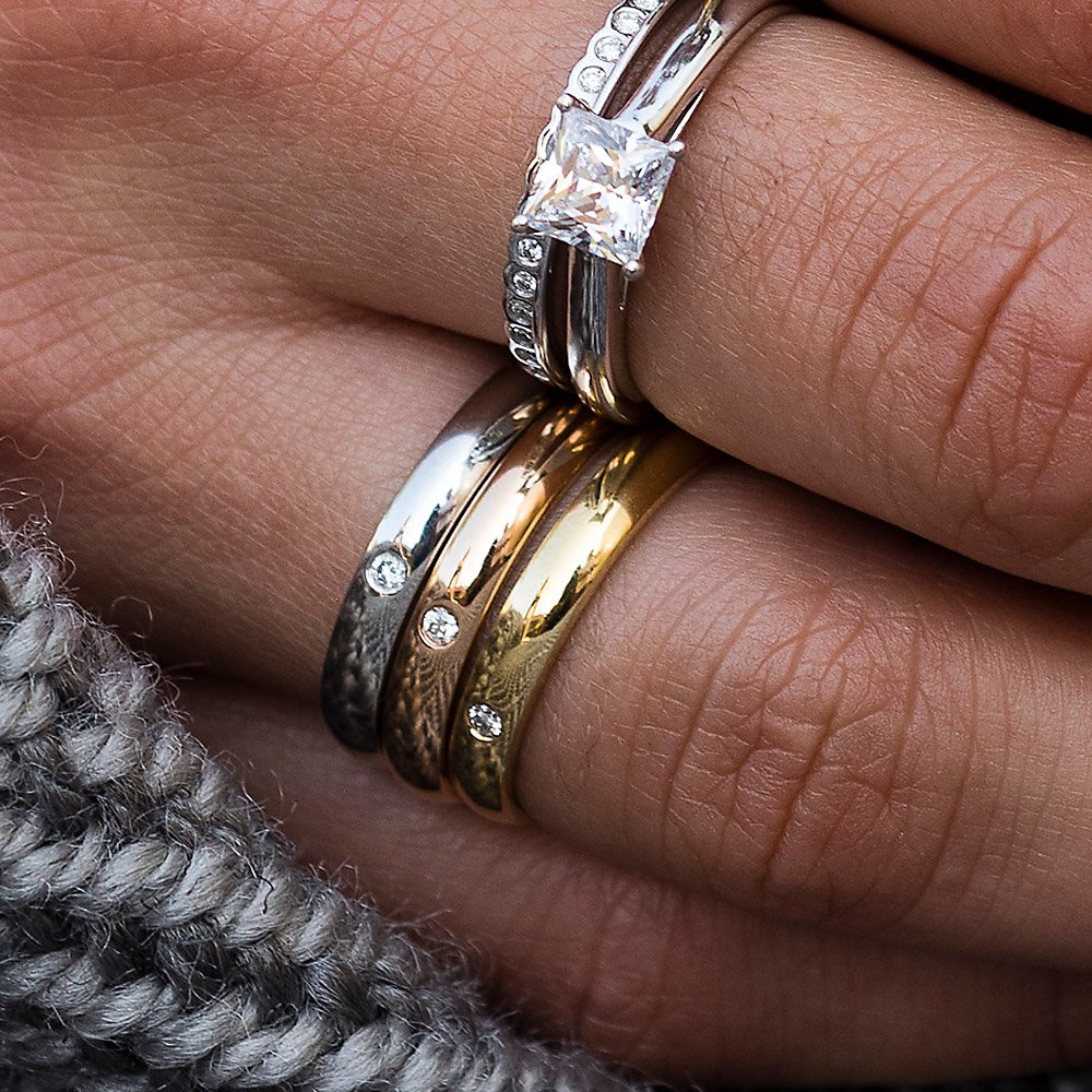 Stacking Rings By Heidi Kjeldsen Jewellery R1517, R1518, R1519 Princess Cut Diamond Ring R1323S and Diamond Wedding Ring R1502 Model 1