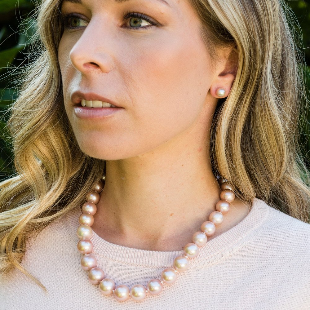 Striking Pink Cultured Pearl Necklace NL1204 and earrings ER4736 By Heidi Kjeldsen Jewellery Model