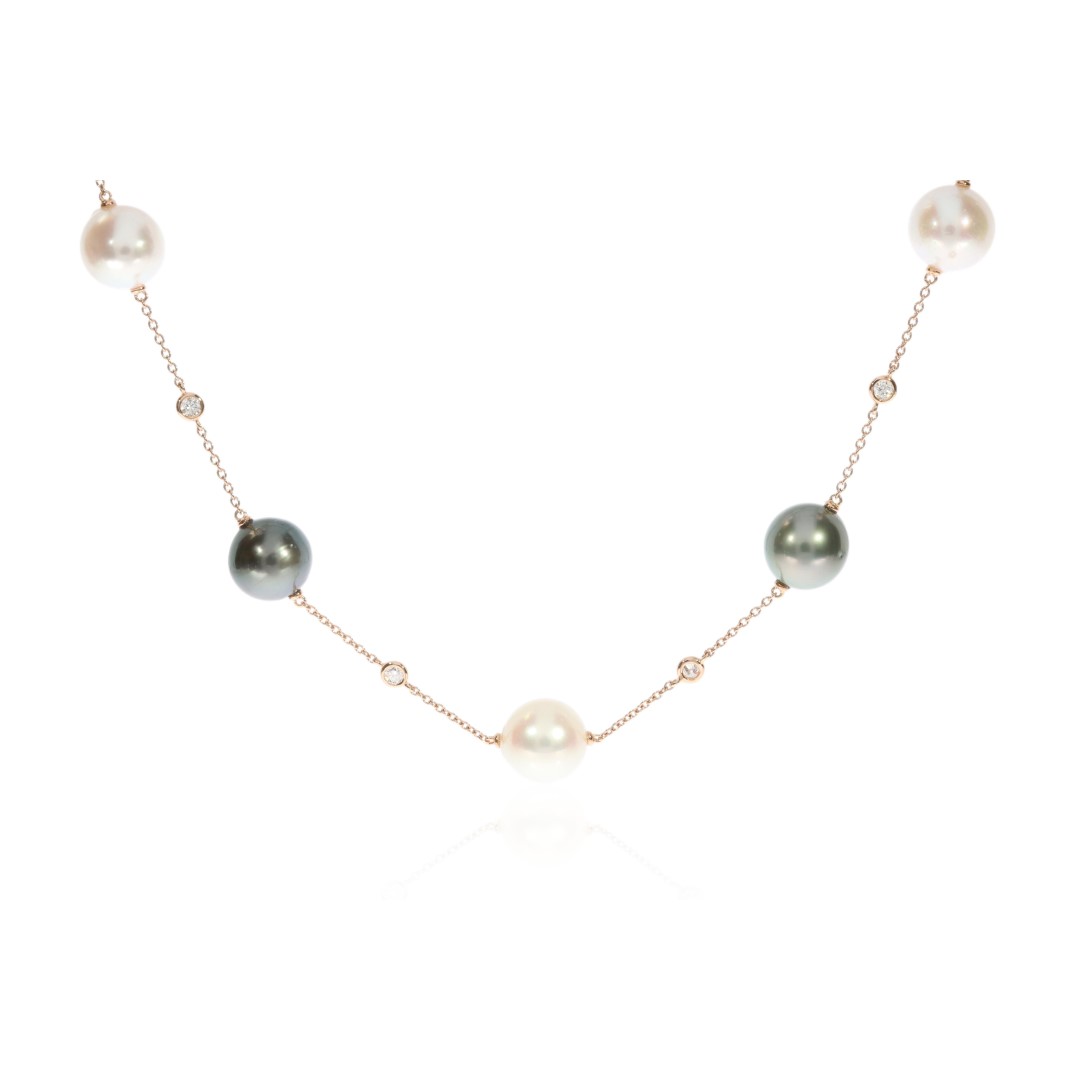 Akoya, Tahitian Cultured Pearl and Diamond Rose Gold Necklace By Heidi Kjeldsen Jewellers NL1332 front