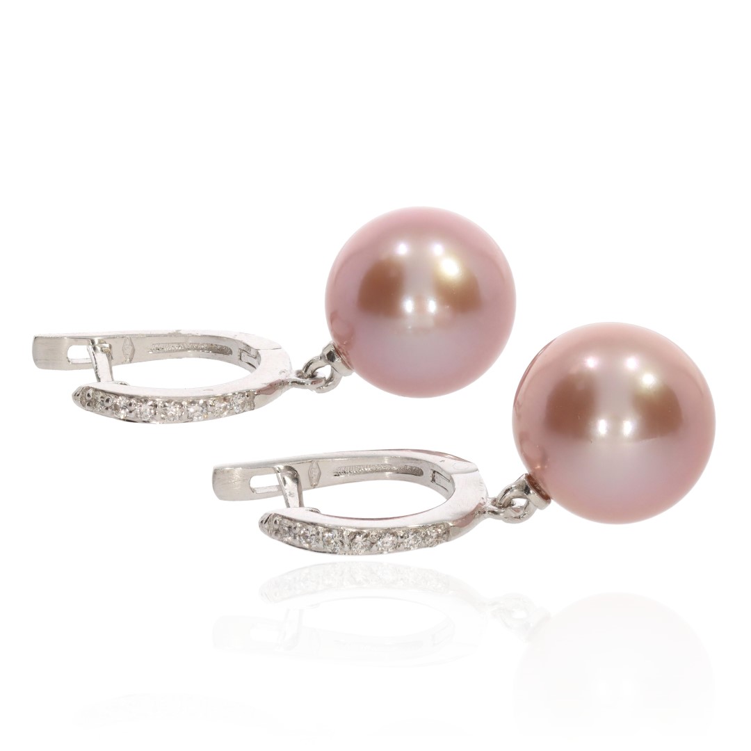 Stunning Pink Cultured Pearl and Diamond Drop Earrings