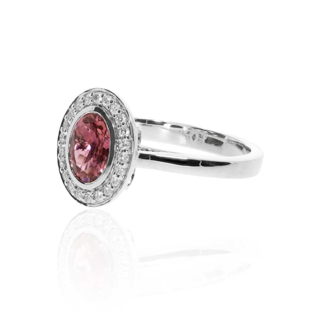 Stunning Oval Pink Tourmaline and Diamond Cluster Ring